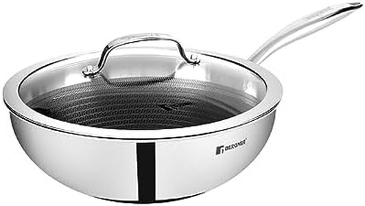 Bergner Hi-Tech TriPly Stainless Steel 24cm (3.1 L) Wok with Glass Lid, Honeycomb Non-Stick Coating Chinese Kadai, Non-Toxic, Healthy, Less Oil Use, Durable Handle, Excellent Grip - Induction Bottom