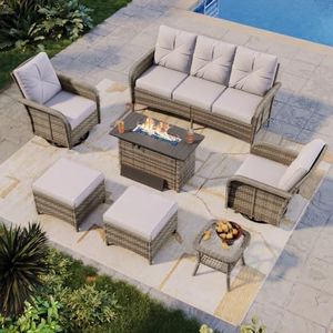 Aoxun 7-Piece Wicker Rattan Patio Furniture Set with 44" Fire Pit Table