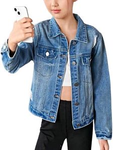 WDIRARA Girl's Ripped Flap Pocket Button Front Long Sleeve Collared Denim Jacket Dark Blue 3Y