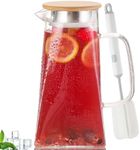 Glass Water Pitcher with Wood Lid Water Carafe with Handle, Square Base Heavy Duty Water Containers, Fridge Glass Jug for Hot/Cold Water, Tea, Juice, Milk, Lemonade and Other Beverages - 1600ML