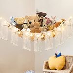 Dremisland Stuffed Animal Toy Hammock with Fairy Lights Macrame Boho Toy Net Hammock with wood Beads-Stuff Animals Organizer Storage Corner Toys Net Holder for Nursery Play Room (Tassel)