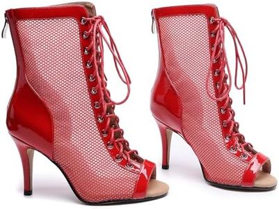 AUJ Danshs Professional Dancing Heels for Women's,Lace-Up Mesh Jazz Shoes,Zipper Peep Toe Booties,Pole Dance Boots (Red, Size:7)