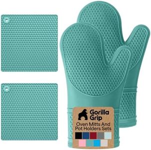 GORILLA GRIP BPA-Free Soft Silicone Oven Mitts and Pot Holders Sets, Heat Resistant Waterproof Cooking Gloves, Thick Cotton Lining, Flexible Gripping for Baking Grilling, Kitchen Trivets, Turquoise