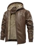 Uusollecy Men's Faux Leather Jacket, Sherpa Lined Zip-Up Motorcycle Jacket, Bomber Jacket With Hood, Brown, XL