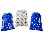 Hallmark Blue Drawstring Christmas Gift Bag Bundle (3 Fabric Gift Bags: 8" x 10") Snowflakes and Stars for Christmas, Hanukkah, Weddings, Birthdays