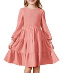 Arshiner Girls Fall Dress Kid Boho Long Sleeve Shirred Smocked Tiered Flowy Midi Semi Formal Wedding Solid Party Dresses with Pockets Pink 7-8 Years