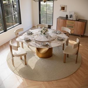 POVISON 59" Round Dining Table for 6, Glossy Pandora Sintered Stone Tabletop Dining Table with 31" Lasy Susan, Bronze Carbon Steel Pedestal, Modern Dining Room Table for Kitchen (Table Only)