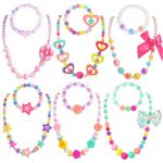 PinkSheep Beaded Necklace and Beads Bracelet for Kids, 6 Sets, Little Girls Jewelry Sets, Favors Bags for Girls