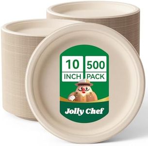 JOLLY CHEF Compostable Heavy Duty Plates 𝟭𝟬 𝗜𝗻𝗰𝗵 [𝟱𝟬𝟬 𝗣𝗮𝗰𝗸] Eco-Friendly Disposable Paper Plates Natural Bagasse Biodegradable Sugarcane Bulk for Party Hot Cold Dinner Christmas (Brown)
