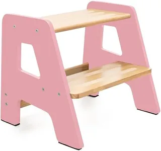 Wooden Step Stools for Kids - Sturdy, Non-Slip, Non-Tip Toddler Step Stool for Bathroom Sink for Your Little One - Light Pink