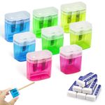 Pencil Sharpeners 8 PCS, Sharpeners for School, with Cover Manual Double、holesingle Hole Pencil Sharpener and Rubber 6 PCS for Kids Students School Home Office Supply, Kids Pencil Sharpener 4 Colors