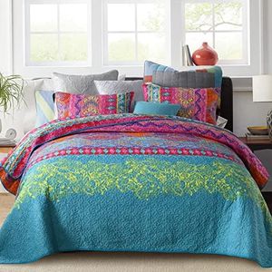 Qucover Colcha Fina Cama 150 Verano,Cubrecama Estampada Poliéster Estilo Bohemia,Manta Acolchado 220x240cm con 2xFundas de cojín Reversible para sofá Colorido