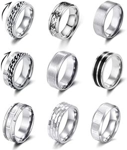 YOVORO 9Pcs Stainless Steel Band Rings for Men Women Fidget Anxiety Relief Rings Spinner Ring Wedding Promise Rings Set, Metal, n / a, Silver, (QYR02-S-10)