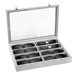 Emibele Glasses Organizer Jewelry Tray, 8 Grids with Clear Lid Velvet Tray Watch Storage Stackable Jewelry Showcase Display Storage with Detachable Inner Dividers - Grey