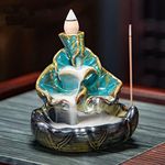 Incense Burner, Ceramic Backflow Lotus Incense Holder, Home Decor Aromatherapy Ornament with 30 Incense Cones, 30 Incense Sticks, 1 Mat and 1 Tweezers