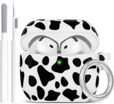 Silicone Cow AirPods 4 Case 2024, YOMPLOW Case Cover with Cleaner Kit for Apple Airpods 4th Generation Floral Print Soft Flexible Cover for Air Pod 4th Women Girls, Skin with Keychain - Black Cow