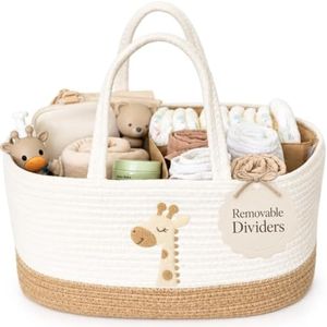 KEMINA BLANKETS Giraffe Diaper Caddy Organizer for Baby Cotton Rope Nursery Storage Basket 17"x10.5"x7" with Removable Dividers Portable Changing Table Organizer, Car Caddy, Baby Shower Basket
