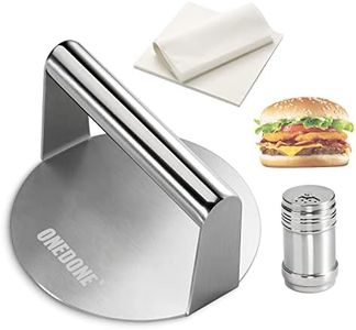 ONEDONE Burger Press Stainless Steel Smash Burger Press 5.5 inch Burger Smasher for Griddle w/Seasoning Shaker & 100 Patty Paper, Burger Iron Grill Press Griddle Accessories Kit Griddle Cooking