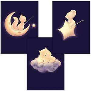 Bilderzeile® Lot de 3 posters pour enfant #02 Dormez bien nuage, lune, écureuil, chat, souris | DIN A4