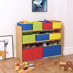 Kids Wooden Children Toy Storage Rack shelf with 9 Boxes Organizer for Home and School, Childrens, Room Grey & Blue