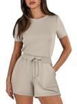 ANRABESS Women's Summer Crewneck Casual Loose Short Sleeve One Piece Rompers Jumpsuit Outfits with Pockets, Light Khaki, Large