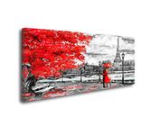 Large Canvas Wall Art Black White Red Umbrella Couple in Street Eiffel Tower Oil Painting Printed on Canvas Romantic Picture Framed Artwork Prints Walls Decor(30inchx59inch)