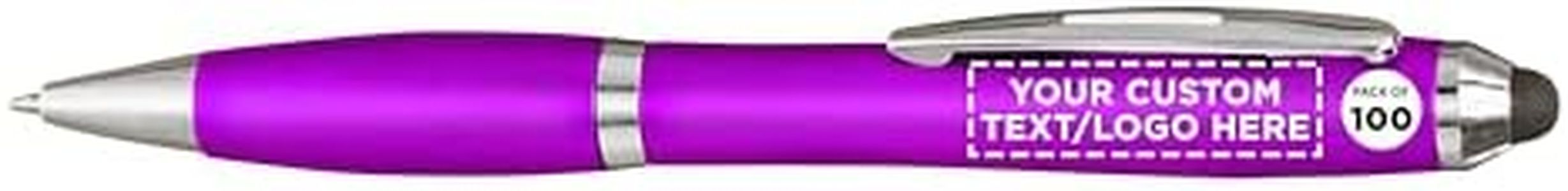 DISCOUNT PROMOS Custom Plastic Stylus Pens Set of 100, Personalized Bulk Pack - Black Ink, Great for Office, School, Business, Tradeshows, Events - Purple