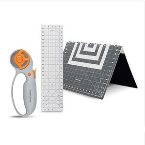 Fiskars Rotary Cutter 3-Piece Set - 45mm Blade Rotary Cutter for Fabric, Self Healing Cutting Mat, and Sewing Ruler - Craft Supplies - White/Gray