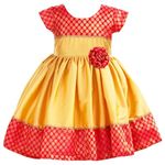 Stanwells Kids Golden Yellow and Orange Combo Baby Girls Silk Birthday Colourful Frock Ruffle Pattern Beautiful Flower Front Embroidery Cap Sleeve Dress Knee Length Frock (3-4 Years)