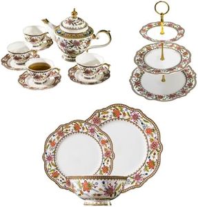 ACMLIFE Fine Bone China Tea Set, Bone China Dinnerware Sets for 4, 3 Tier Cupcake Stands for Dessert Table
