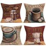 Hopyeer Oil Painting Retro Throw Pillow Cover Coffee Theme Decorative Java Coffee Cup Words Design Pillow Case Home Decor Square 18x18 Inches Cushion Cover for Home Sofa Office, Set-4 (Coffee Set)