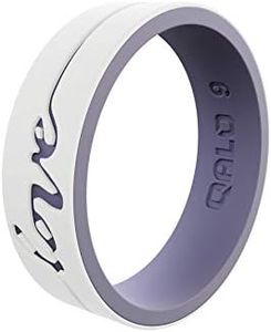 QALO Women's Rubber Silicone Ring, Strata Love Two Tone Dual Layered, Silicone Rubber Wedding Band, Breathable, Durable Engagement Silicone Ring, 6mm Wide 1.85mm Thick, White & Lilac, Size 7