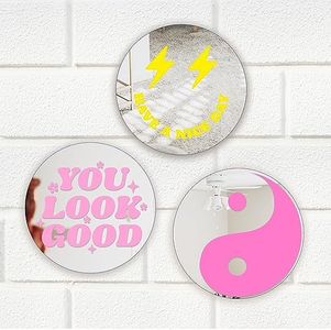 Joytezz Mirrors for Wall - Preppy Acrylic Round Mirror Pink Aesthetic Wall Decor Art for Teen Girls Hanging Bedroom Bathroom Livingroom Set of 3Pcs