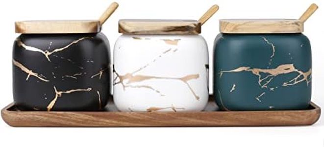 Dicunoy Ceramic Salt and Sugar Container, Condiment Jars with Lids and Spoons, Marble Seasoning Spice Pots Bowl, Pepper Sellar with Wooden Tray for Serving, Counter, Home, Kitchen, Green