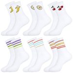 Moyel 6 Pairs White Crew Socks Women Stripe Funny Cute Athletic Socks for Women Pack Womens Running Gym Tennis Sport Socks Women’s Cotton Socks, Size 6-9