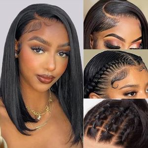 Perruque Femme Naturelle Brésilien 13x4 Lace Frontal Bob Wig Human Hair Perruque Cheveux Humain Straight Perruque Lace Wig Couleur Naturelle 150% Density (10 pouces)