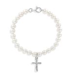 925 Sterling Silver 5" White Simulated Pearl Baby Girls Small Cross Bracelet - Cute Religious Baptism & Christening Bracelet for Babies - Tiny Bracelet for Babies ad Toddlers