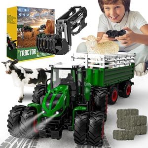 Remote Control Tractor Toy, 2.4 Ghz RC Tractor Toys for Kids 3-5, Toy Tractors Set with Trailer and Light/Loading Arm, Farm Animal Toys Include Cows, Sheep and Hay Bales, Toys for Boys 5-7