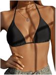 SOLY HUX Women's Halter Triangle Bikini Top Tie Back Bathing Suit Top Sexy Swimwear for Women Plain Black Large