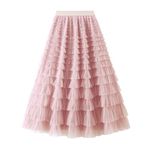 Jemsia Women's Tulle Skirt Midi Ruffles Tiered Cake Skirt Elegant Elastic High Waist A-line Petticoat Mesh Long Tutu Flowy Skirts for Prom Homecoming Birthday Party, Pink