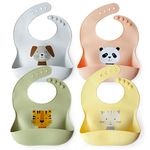 4 Pack, Silicone Baby Bibs for Babies & Toddlers, Waterproof Set, Dishwasher Safe, Large Food Pouch, Set for Boys & Girls, o1baby (Green, Peach, Grey, Yellow)