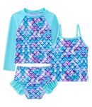 Kinberr Girls Swimming Suit Mermaid Print Rash Guard Tankini Set 3 Piece Long Sleeve Bathing Suit Size 4 6