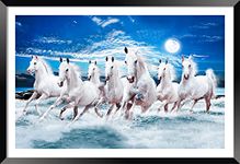 Canvas Pe 7 running horses vastu painting blessing lucky white horse photo frame modern art with lamination art for livingroom office decor 14x20 inch gift item synthetic wood (Blue)