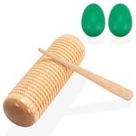 SPLENDIDMODE Guiro Wood Percussion Instrument - Pine Training Musical Tone Block Rasp with Wood Scraper - Complete with Set of 2 Durable Green Egg Shaker Maracas