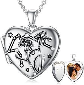 SOULMEET Birth Flowers Carnation Iris Aquarius Locket Necklace That Holds Picture Personalized Silver Months January-February Constellation Photo Heart Locket Gift Horoscope (Custom photo)