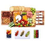 hecef Acacia Wood Cheese Board Set, Cheese Platter with 2 Slide-Out Drawers& Cutlery Set& Snack Plates& Marble Cheese Slate, Charcuterie Board for Serving (White)