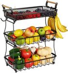 ANTOPY 3 Tier Fruit Basket with 2 Banana Hangers, Countertop Vegetable Bowl Kitchen Counter Metal Mesh Fruits Stand Produce Holder Organizer Onion Potato Bread Snack Veggie, Black (BP209)