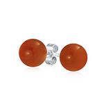 Simple Plain Dyed Gemstone Red Carnelian Ball Round Stud Earrings For Women Teen .925 Sterling Silver 10MM