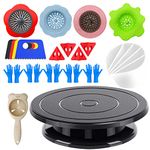 Angela&Alex 11” Rotate Turnable Sculpting Wheel with Acrylic Pouring Strainers Scraper Cone Painter Support Stands Gloves Painting Tools Unique Pattern Train Art Supplies