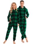 SWOMOG Family Matching Christmas Pjs One Piece Pajamas Soft Fleece Onesie Zip-up Jumpsuit with Pockets Pjs Mens Big Plaid Black and Green Medium